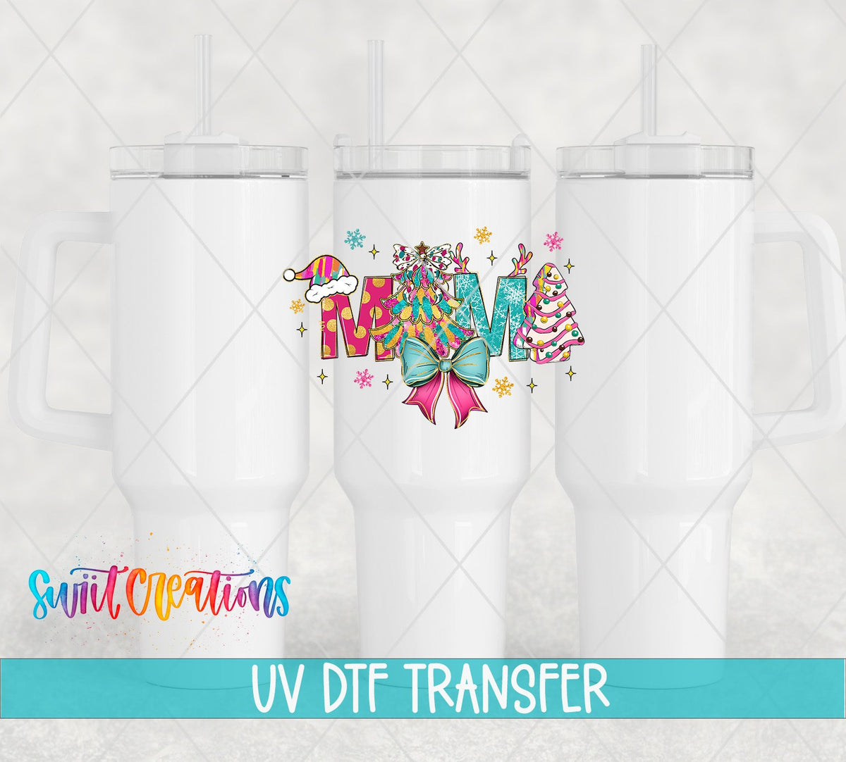 Swiit Creations UV DTF Mama Christmas Pastel Bow Tree transfer shown on a white tumbler set