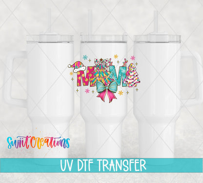 Swiit Creations UV DTF Mama Christmas Pastel Bow Tree transfer shown on a white tumbler set
