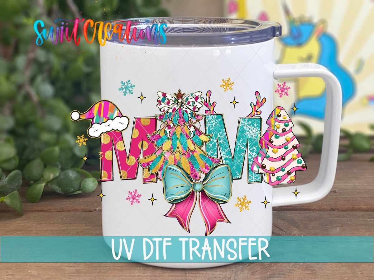 Swiit Creations UV DTF Mama Christmas Pastel Bow Tree transfer displayed on a white coffee mug