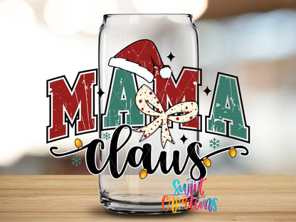 Swiit Creations UV DTF Mama Claus Christmas transfer applied to a clear glass can