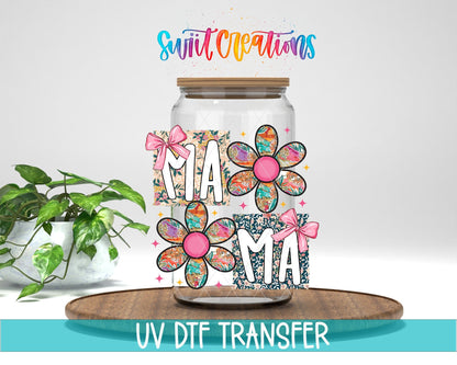 Mama Floral Patchwork Daisy UV DTF transfer displayed on a clear jar mockup from Swiit Creations