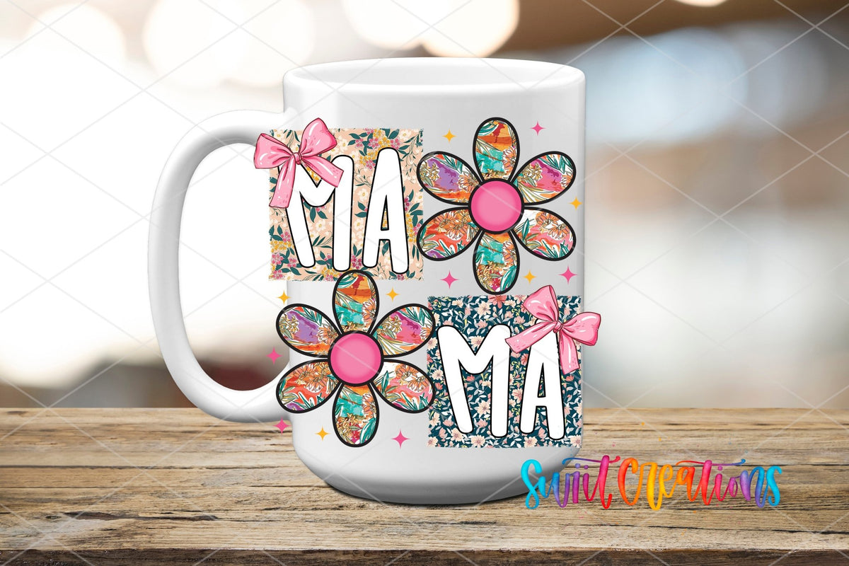 Mama Floral Patchwork Daisy UV DTF transfer displayed on a white ceramic mug from Swiit Creations