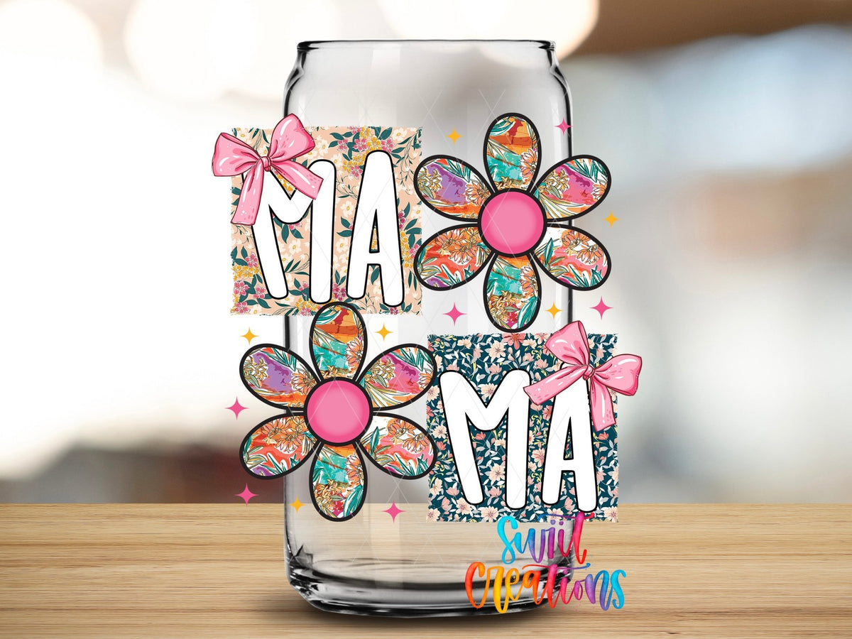Mama Floral Patchwork Daisy UV DTF transfer applied to a clear glass can from Swiit Creations