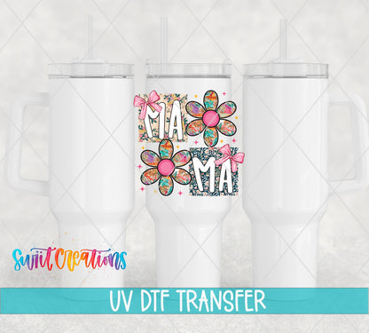 Mama Floral Patchwork Daisy UV DTF transfer applied to a white tumbler set from Swiit Creations