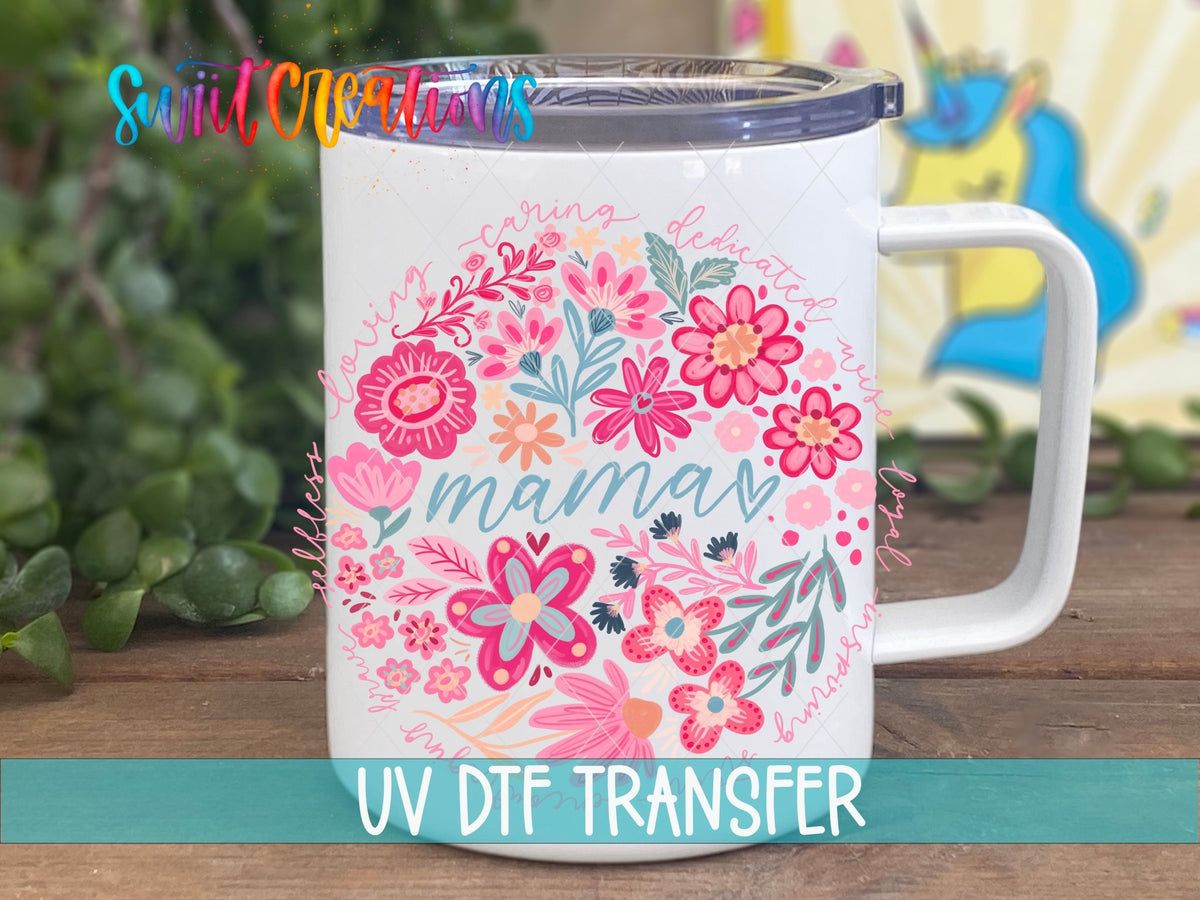 Mama Floral UV DTF transfer displayed on a white coffee mug from Swiit Creations