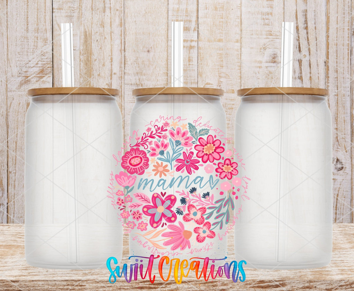 Mama Floral UV DTF transfer applied to a clear glass can set from Swiit Creations
