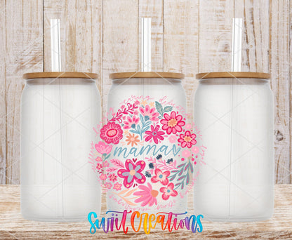 Mama Floral UV DTF transfer applied to a clear glass can set from Swiit Creations