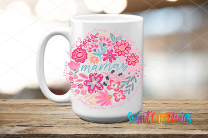 Mama Floral UV DTF transfer displayed on a white ceramic mug from Swiit Creations