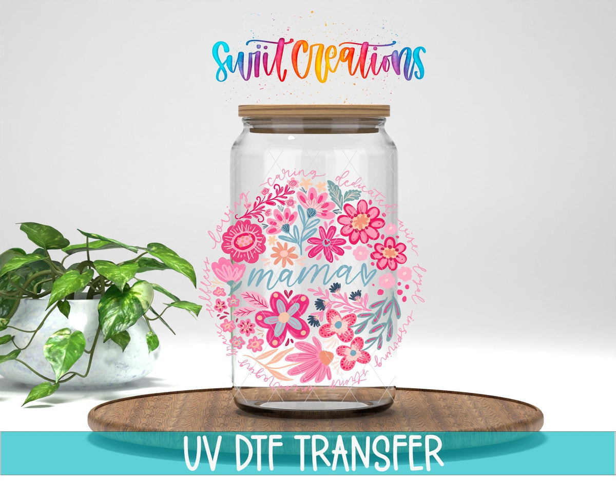 Mama Floral UV DTF transfer displayed on a clear jar mockup from Swiit Creations