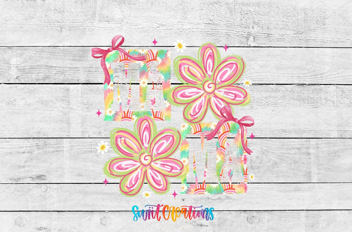Mama Tie Dye Flowers UV DTF transfer shown as a full artwork preview from Swiit Creations