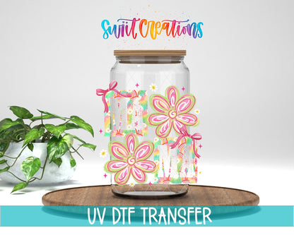 Mama Tie Dye Flowers UV DTF transfer displayed on a clear jar mockup from Swiit Creations