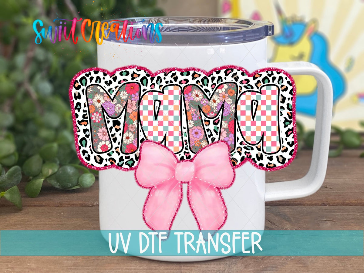 Mama UV DTF transfer displayed on a white coffee mug from Swiit Creations
