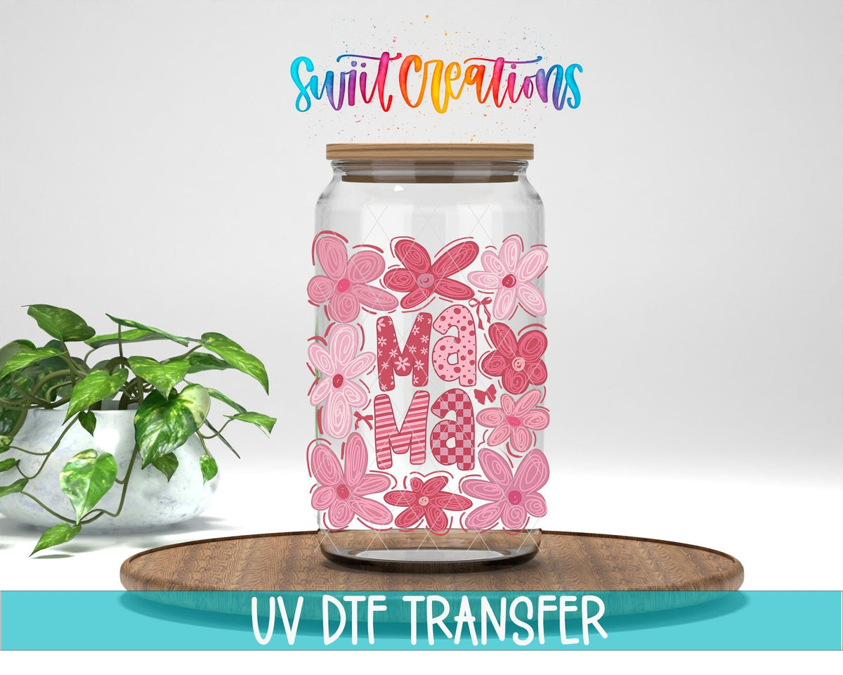 Mama UV DTF transfer displayed on a clear jar mockup from Swiit Creations