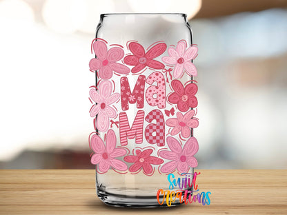 Mama UV DTF transfer applied to a clear glass can from Swiit Creations