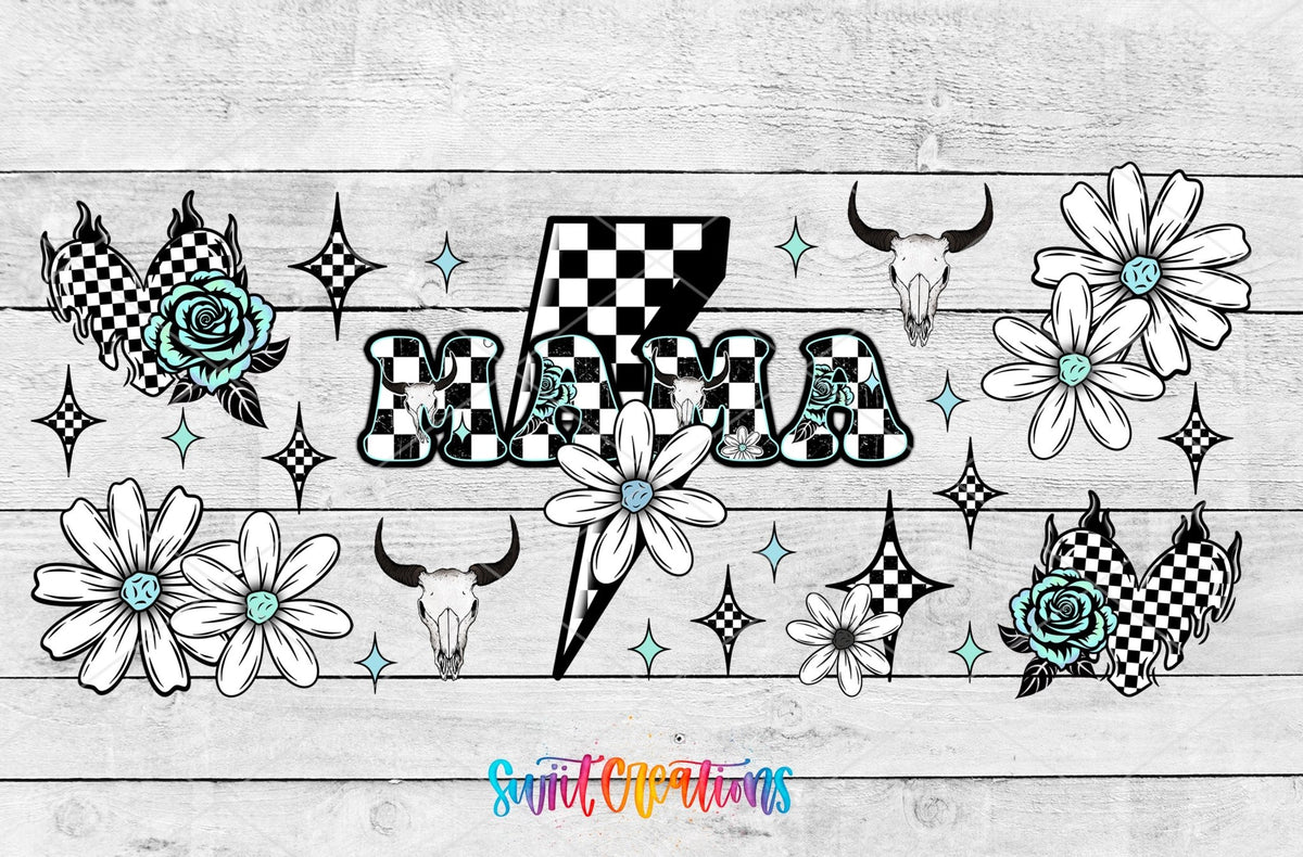 Mama UV DTF Transfer Tumbler Wrap Checkerboard Lightning Skull Floral | DTF319 - Swiit Creations