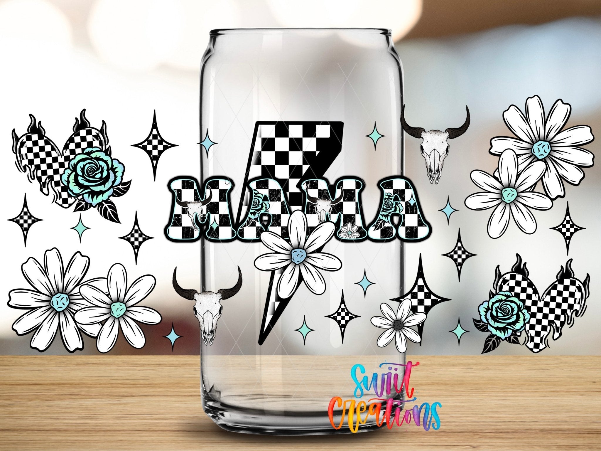 Mama UV DTF Transfer Tumbler Wrap Checkerboard Lightning Skull Floral | DTF319 - Swiit Creations