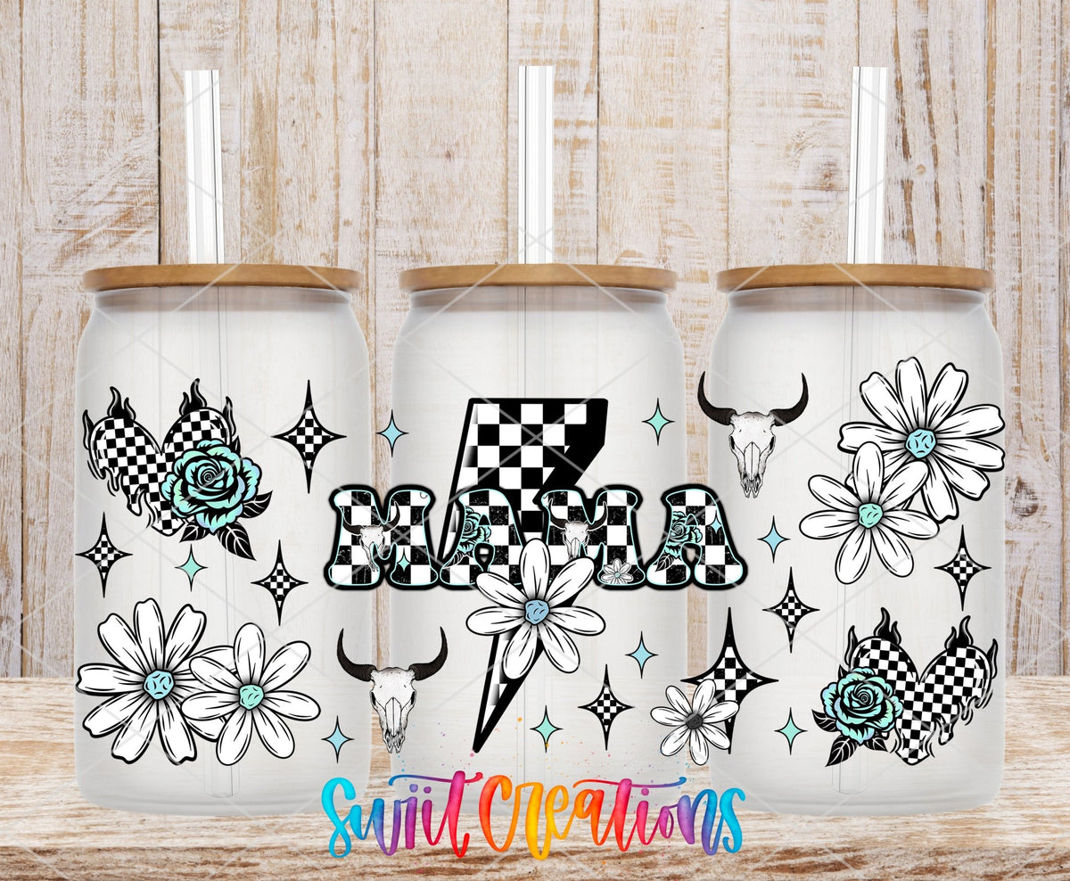 Mama UV DTF Transfer Tumbler Wrap Checkerboard Lightning Skull Floral | DTF319 - Swiit Creations