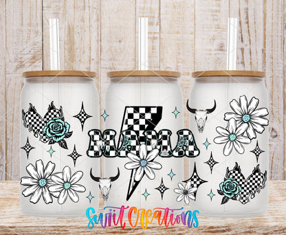 Mama UV DTF Transfer Tumbler Wrap Checkerboard Lightning Skull Floral | DTF319 - Swiit Creations