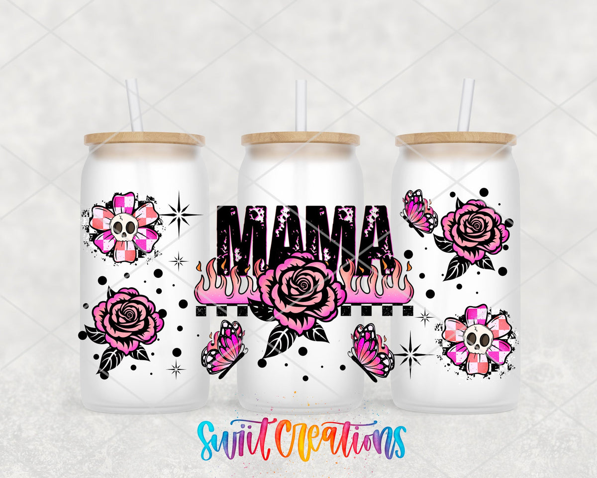 Mama UV DTF Transfer Tumbler Wrap Pink Rose Butterfly Skull Design | DTF317 - Swiit Creations