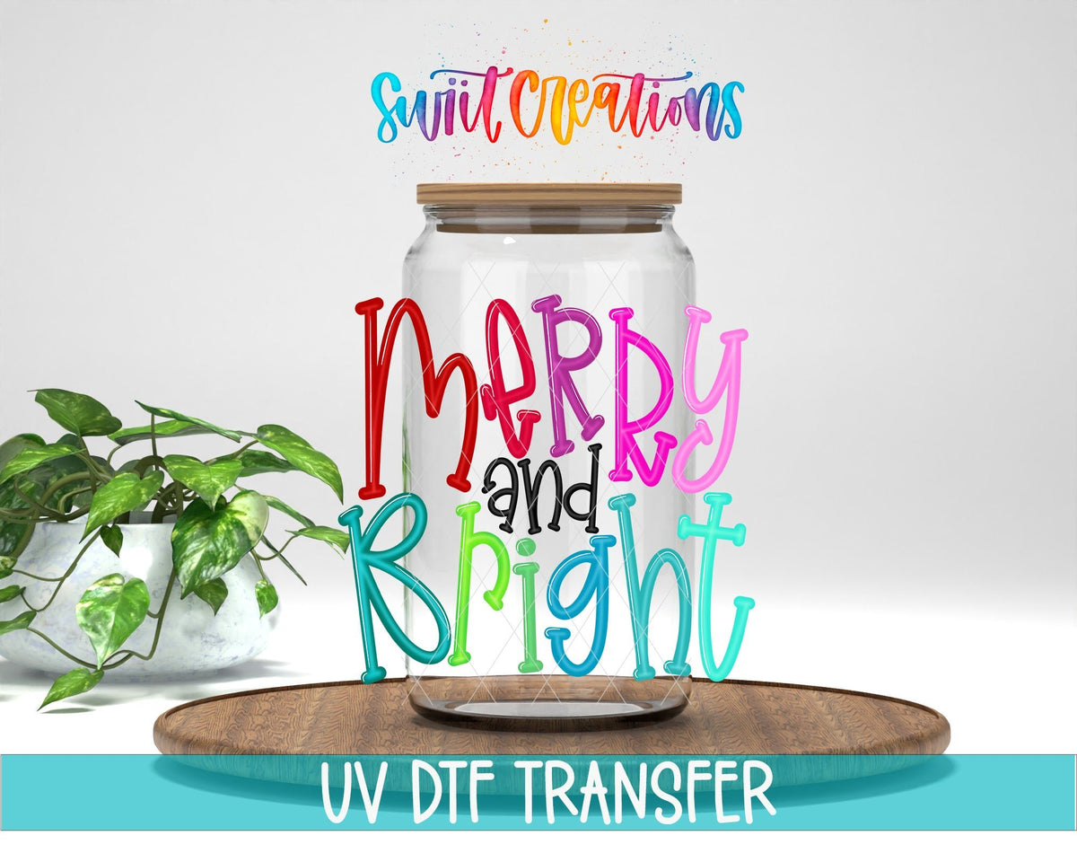 Swiit Creations UV DTF Merry And Bright Christmas transfer displayed on a clear jar mockup