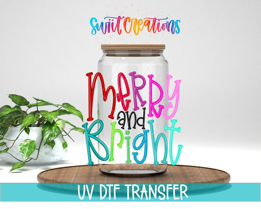 Swiit Creations UV DTF Merry And Bright Christmas transfer displayed on a clear jar mockup