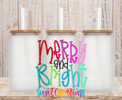 Swiit Creations UV DTF Merry And Bright Christmas transfer shown on a clear glass can set