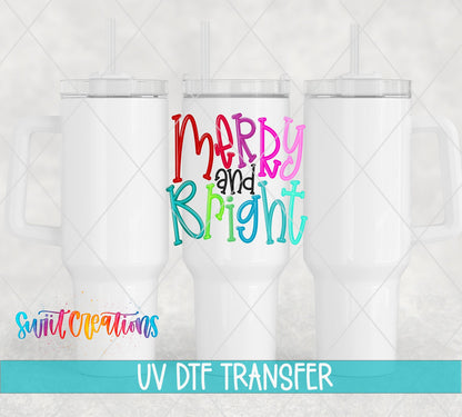 Swiit Creations UV DTF Merry And Bright Christmas transfer shown on a white tumbler set