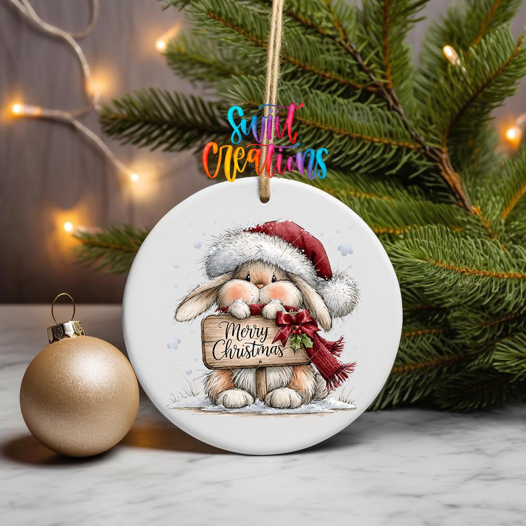 Merry Christmas Bunny Ornament UV DTF Transfer | Cozy Rabbit with Santa Hat and Holly Sign | O-2166 - Swiit Creations