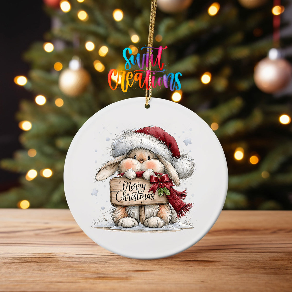 Merry Christmas Bunny Ornament UV DTF Transfer | Cozy Rabbit with Santa Hat and Holly Sign | O-2166 - Swiit Creations