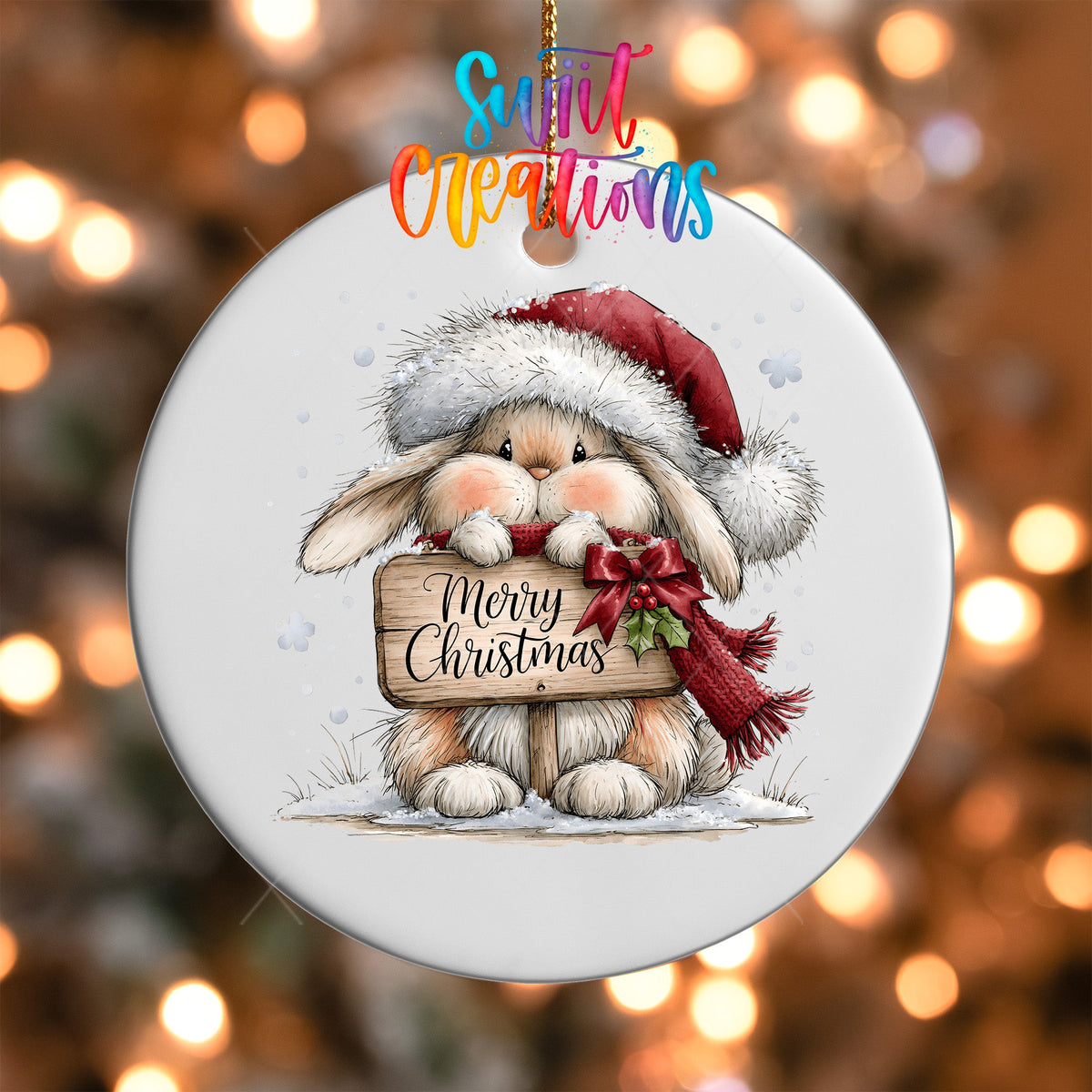 Merry Christmas Bunny Ornament UV DTF Transfer | Cozy Rabbit with Santa Hat and Holly Sign | O-2166 - Swiit Creations