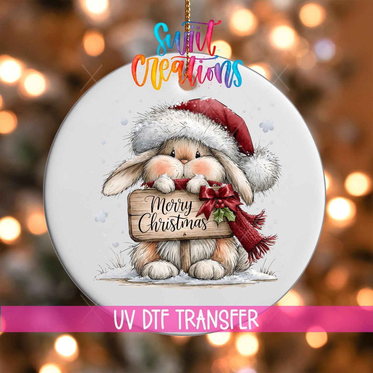 Merry Christmas Bunny Ornament UV DTF Transfer | Cozy Rabbit with Santa Hat and Holly Sign | O-2166 - Swiit Creations