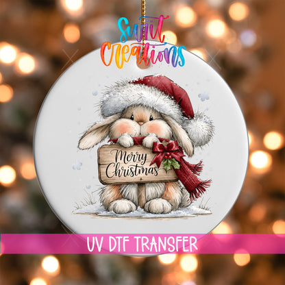 Merry Christmas Bunny Ornament UV DTF Transfer | Cozy Rabbit with Santa Hat and Holly Sign | O-2166 - Swiit Creations