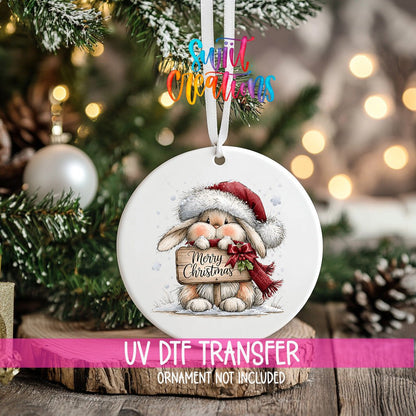 Merry Christmas Bunny Ornament UV DTF Transfer | Cozy Rabbit with Santa Hat and Holly Sign | O-2166 - Swiit Creations