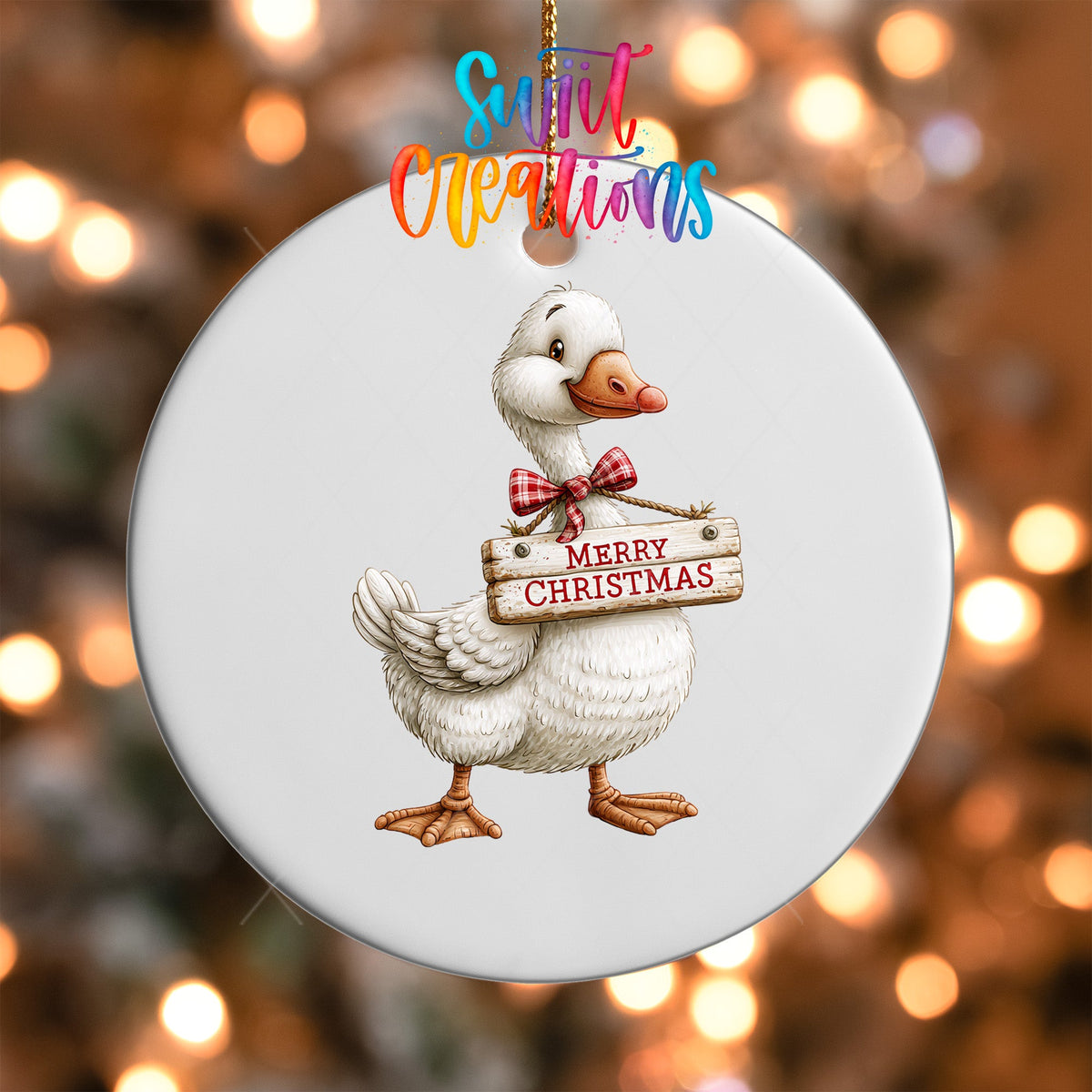Merry Christmas Goose Ornament UV DTF Transfer | White Goose with Red Plaid Bow and Rustic Sign | O-2252 - Swiit Creations