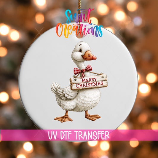 Merry Christmas Goose Ornament UV DTF Transfer | White Goose with Red Plaid Bow and Rustic Sign | O-2252 - Swiit Creations