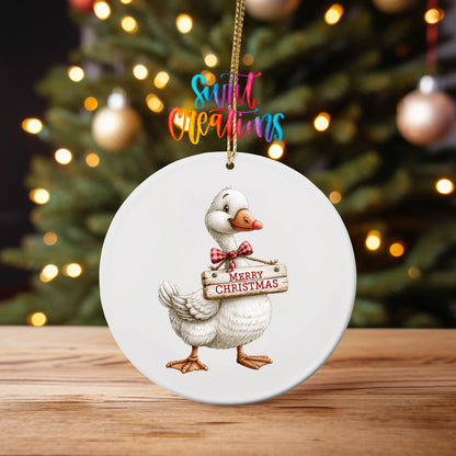 Merry Christmas Goose Ornament UV DTF Transfer | White Goose with Red Plaid Bow and Rustic Sign | O-2252 - Swiit Creations