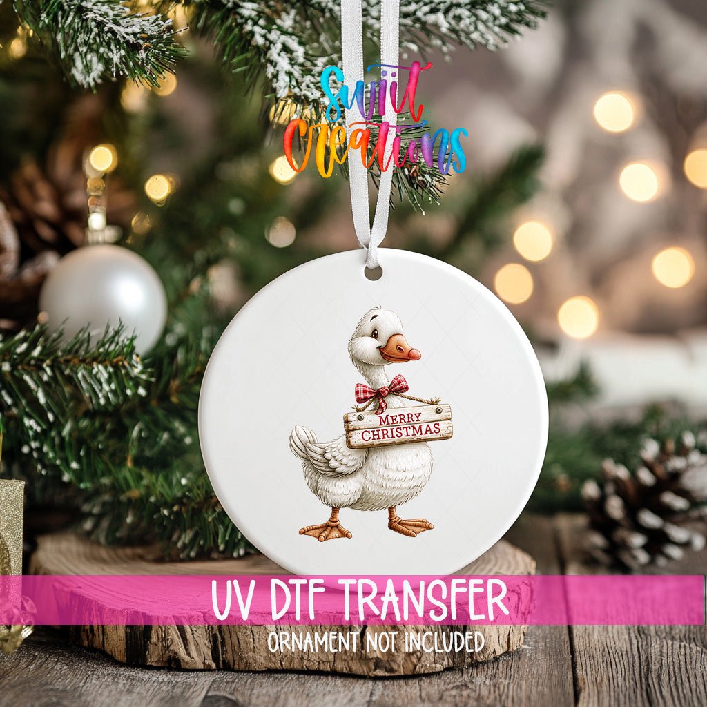 Merry Christmas Goose Ornament UV DTF Transfer | White Goose with Red Plaid Bow and Rustic Sign | O-2252 - Swiit Creations