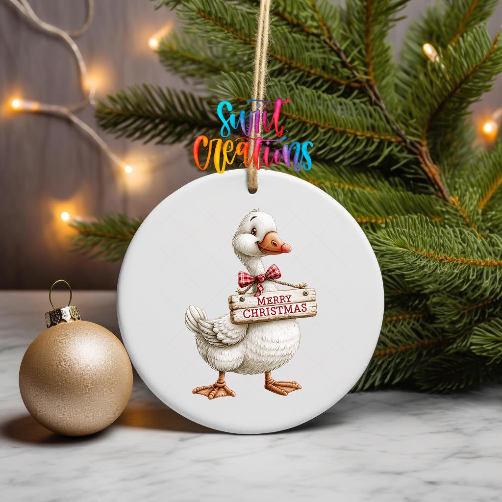 Merry Christmas Goose Ornament UV DTF Transfer | White Goose with Red Plaid Bow and Rustic Sign | O-2252 - Swiit Creations