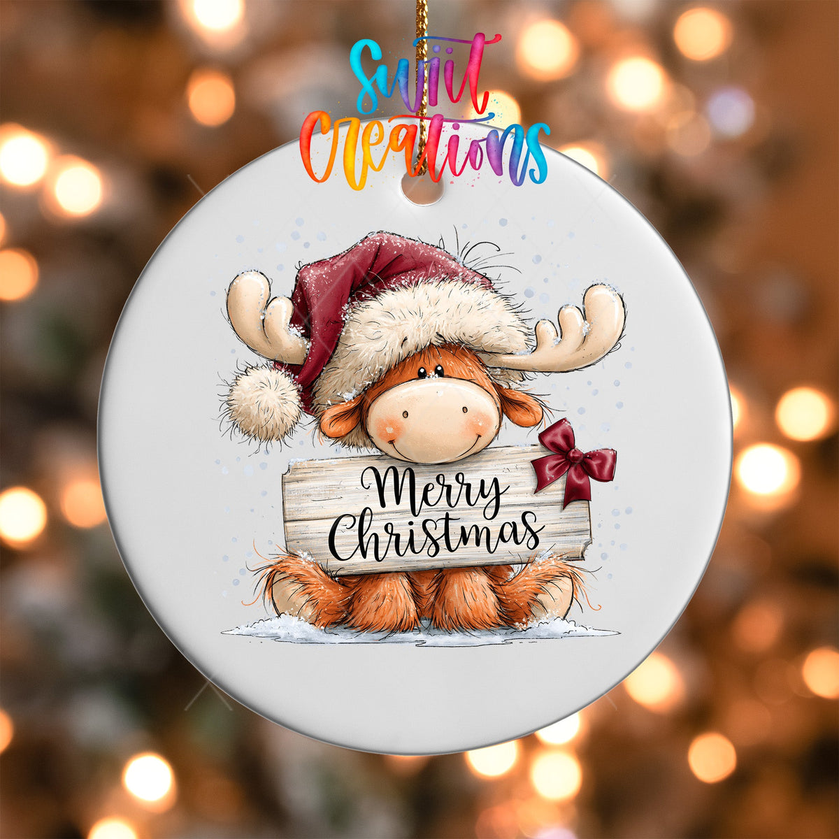 Merry Christmas Moose Ornament UV DTF Transfer | Whimsical Moose with Santa Hat and Bow | O-2165 - Swiit Creations