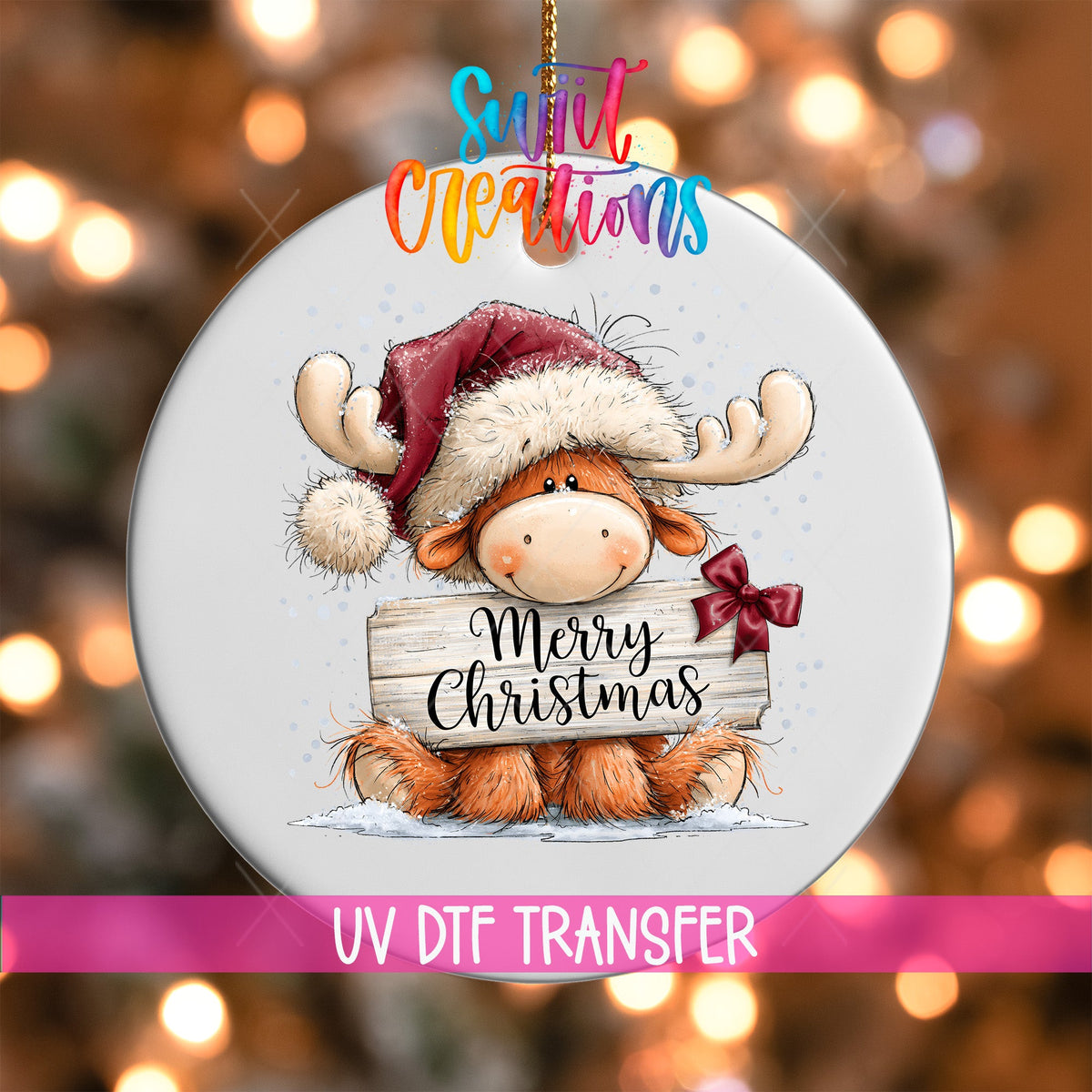Merry Christmas Moose Ornament UV DTF Transfer | Whimsical Moose with Santa Hat and Bow | O-2165 - Swiit Creations