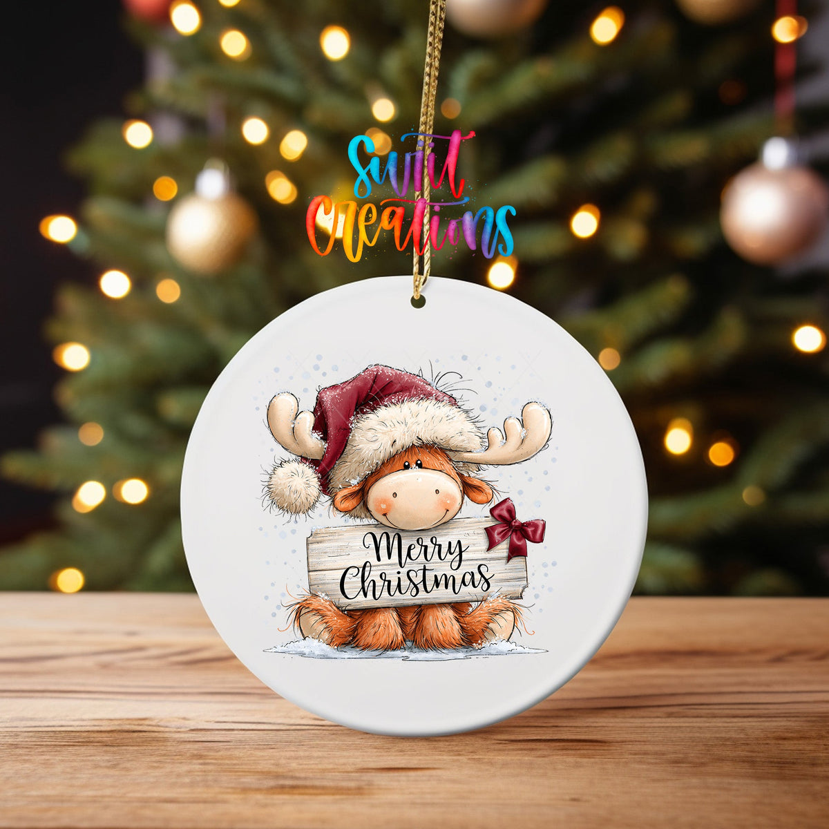 Merry Christmas Moose Ornament UV DTF Transfer | Whimsical Moose with Santa Hat and Bow | O-2165 - Swiit Creations