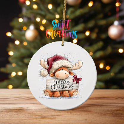 Merry Christmas Moose Ornament UV DTF Transfer | Whimsical Moose with Santa Hat and Bow | O-2165 - Swiit Creations