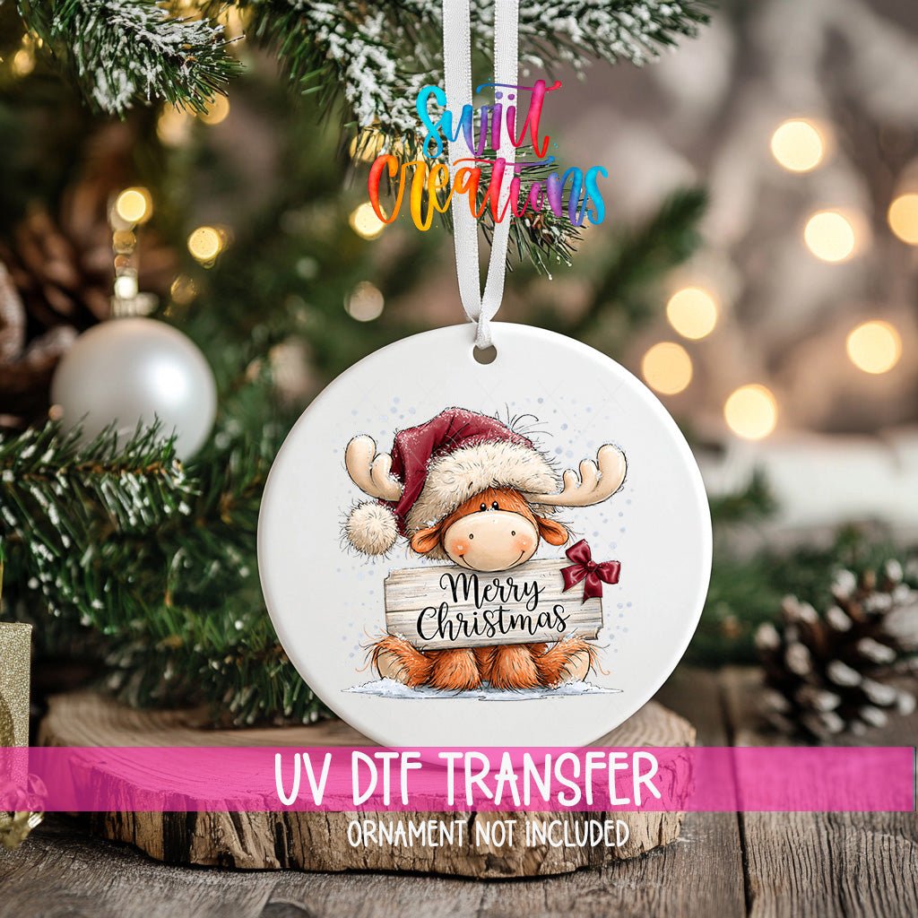 Merry Christmas Moose Ornament UV DTF Transfer | Whimsical Moose with Santa Hat and Bow | O-2165 - Swiit Creations
