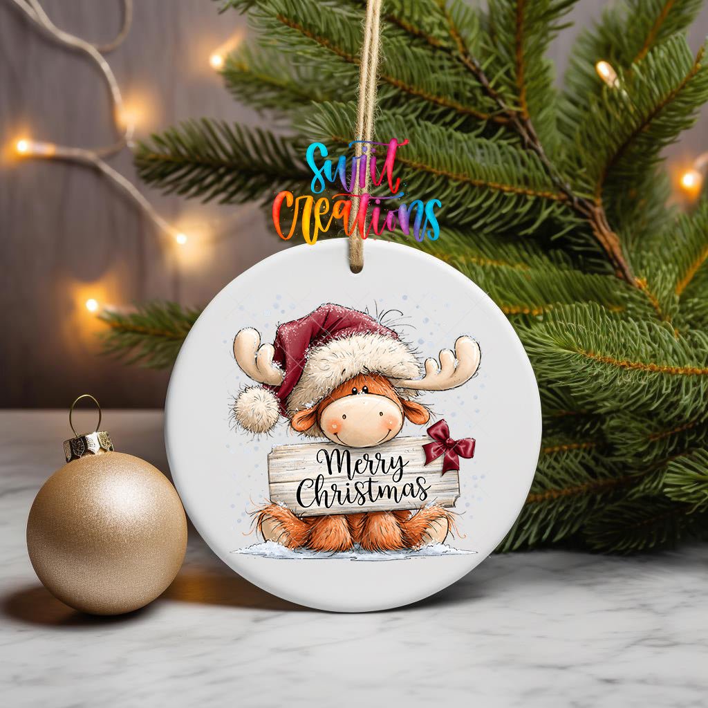 Merry Christmas Moose Ornament UV DTF Transfer | Whimsical Moose with Santa Hat and Bow | O-2165 - Swiit Creations