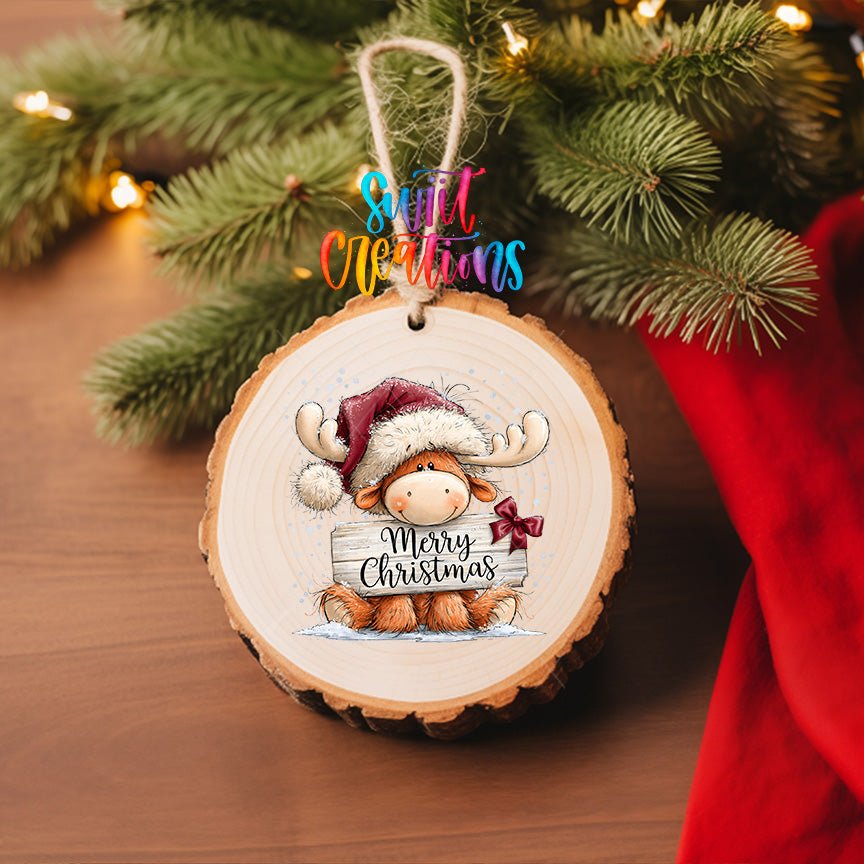 Merry Christmas Moose Ornament UV DTF Transfer | Whimsical Moose with Santa Hat and Bow | O-2165 - Swiit Creations
