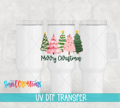 Swiit Creations UV DTF Merry Christmas Pink And Green Trees transfer shown on a white tumbler set