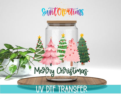 Swiit Creations UV DTF Merry Christmas Pink And Green Trees transfer displayed on a clear jar mockup