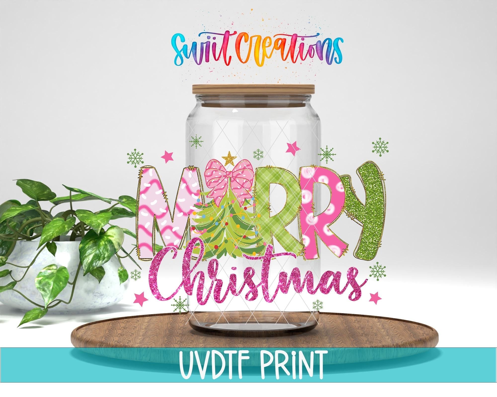 Merry Christmas Pink Green Tree UV DTF Transfer Tumbler Wrap | DTF245 - Swiit Creations