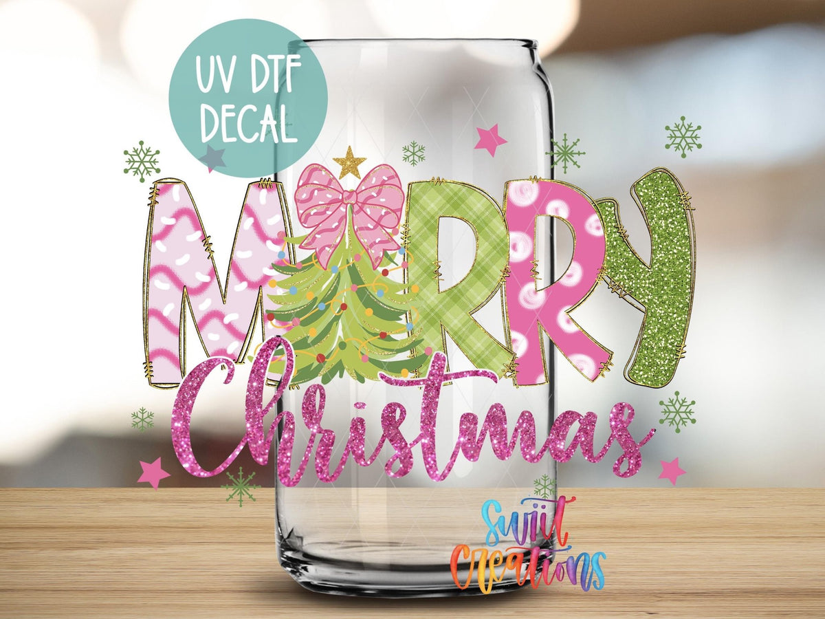 Merry Christmas Pink Green Tree UV DTF Transfer Tumbler Wrap | DTF245 - Swiit Creations