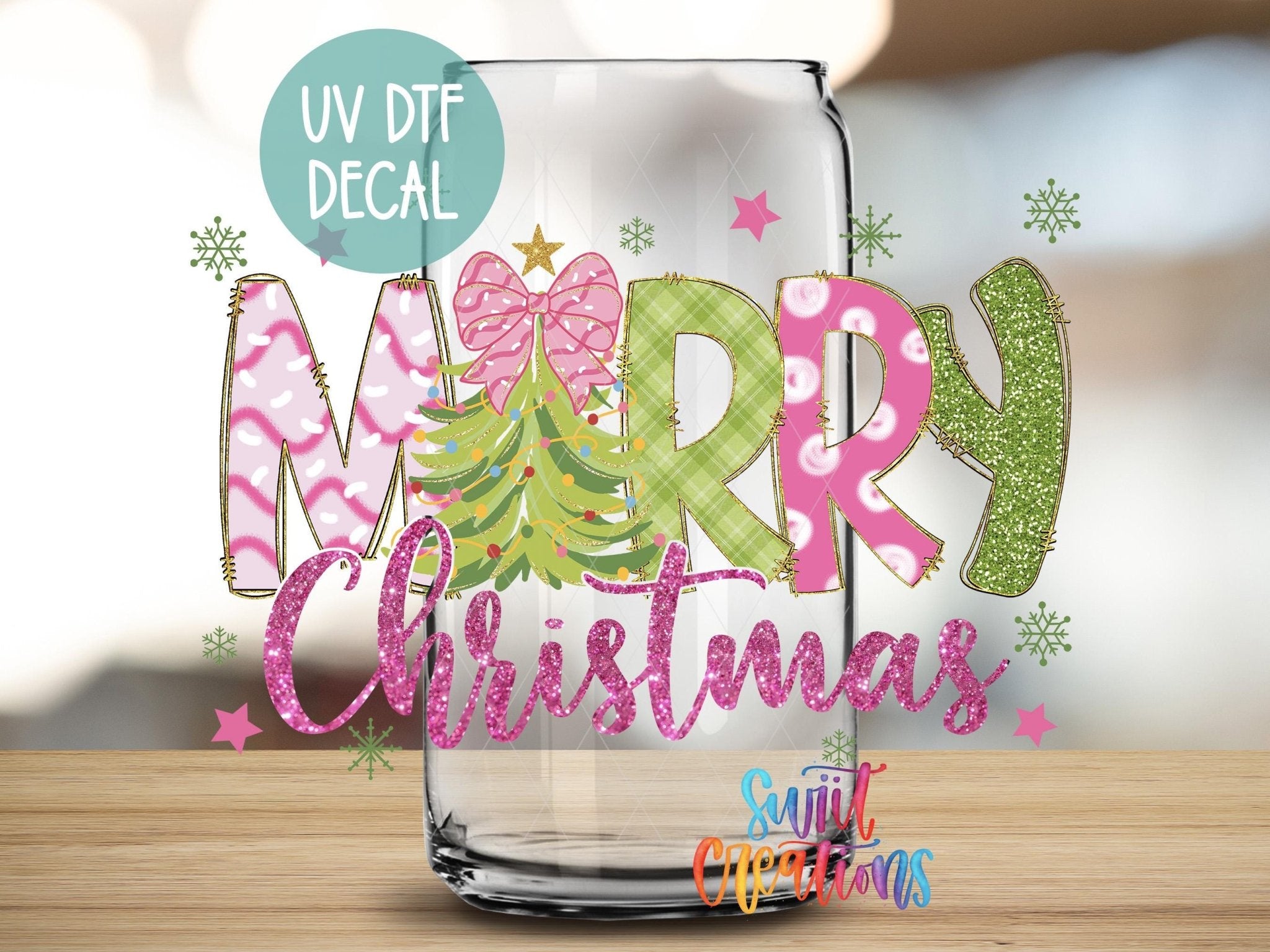 Merry Christmas Pink Green Tree UV DTF Transfer Tumbler Wrap | DTF245 - Swiit Creations